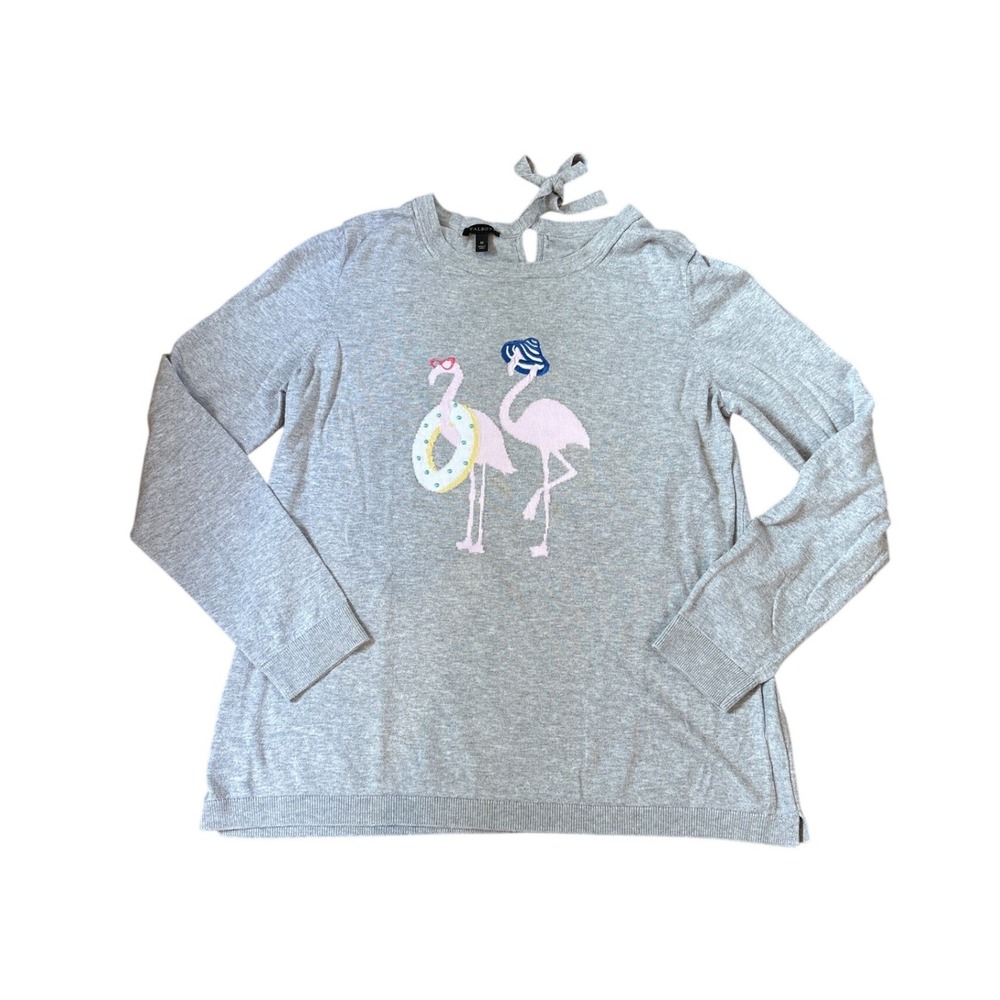 Talbots Sweater‎ Women Gray Flamingo Graphic Bow Back Lightweight SIZE M